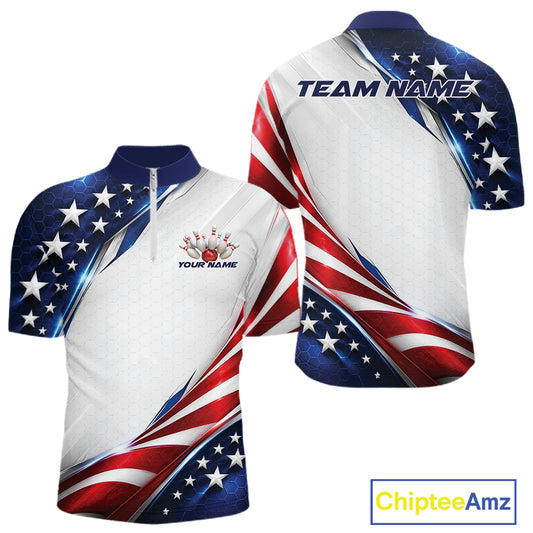 Custom Patriotic American Flag Bowling League Shirt, US Flag Bowling Men Quarter Zip Shirt IPHW12188