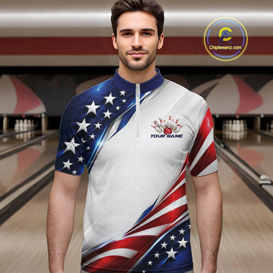 Custom Patriotic American Flag Bowling League Shirt, US Flag Bowling Men Quarter Zip Shirt IPHW12188