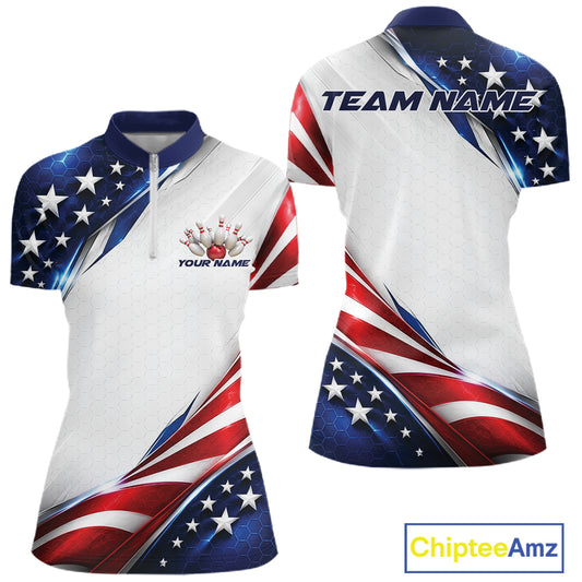 Custom Patriotic American Flag Bowling League Shirt, Bowling Women Quarter-Zip Shirt IPHW12188