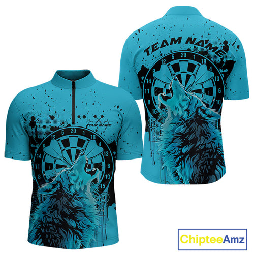 Custom Grunge Splatter Blue Wolf Dart Men Quarter-Zip Shirt, Wolf Dart Team Jerseys IPHW10015
