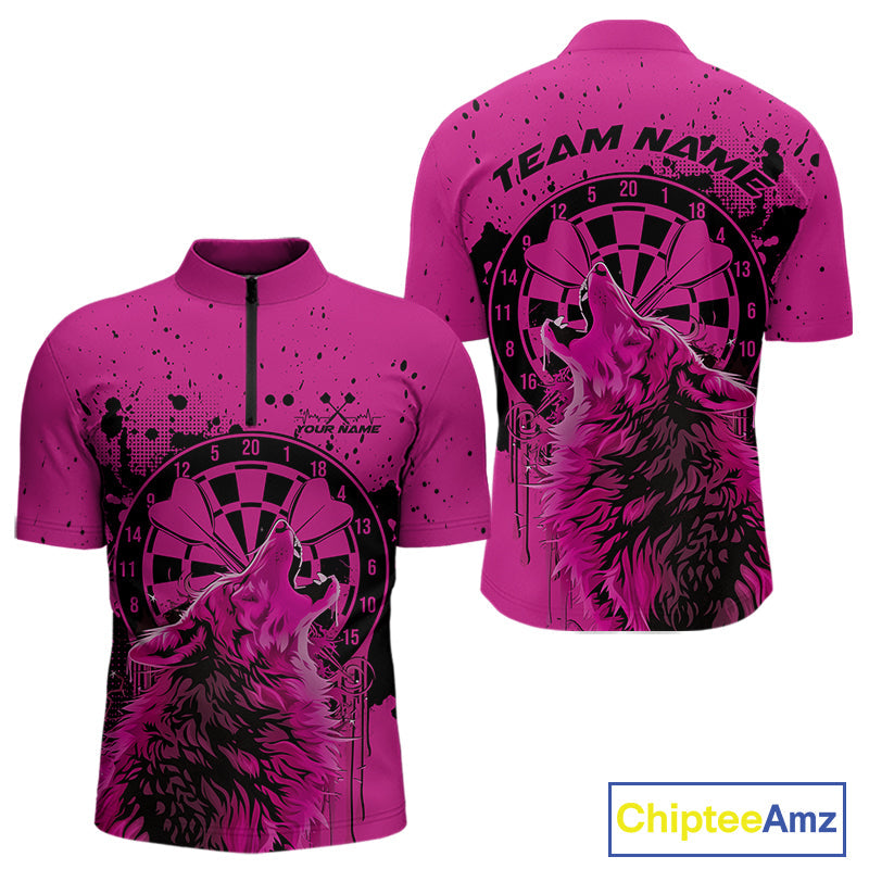 Custom Grunge Splatter Pink Wolf Dart Men Quarter-Zip Shirt, Wolf Dart Team Jerseys IPHW10016