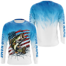 Load image into Gallery viewer, Custom Patriotic Largemouth Bass Long Sleeve Fishing Shirts, Blue American Flag Us Fishing Shirt IPHW7951