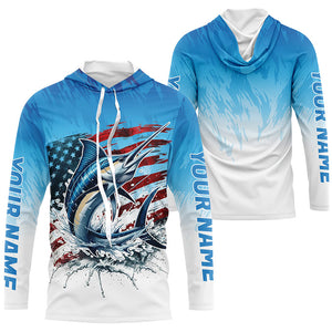 Custom Patriotic Marlin Long Sleeve Fishing Shirts, American Flag Marlin Saltwater Fishing Shirt IPHW7952