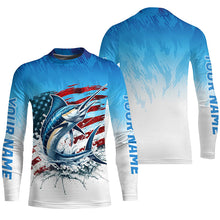 Load image into Gallery viewer, Custom Patriotic Marlin Long Sleeve Fishing Shirts, American Flag Marlin Saltwater Fishing Shirt IPHW7952