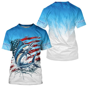 Custom Patriotic Marlin Long Sleeve Fishing Shirts, American Flag Marlin Saltwater Fishing Shirt IPHW7952