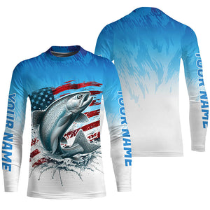 Custom Patriotic Chinook Salmon Long Sleeve Fishing Shirts, Salmon Saltwater Flag Fishing Shirt IPHW7953