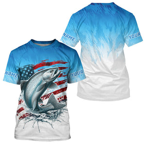 Custom Patriotic Chinook Salmon Long Sleeve Fishing Shirts, Salmon Saltwater Flag Fishing Shirt IPHW7953