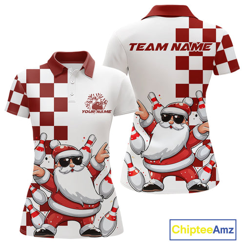 Custom Funny Santa Claus Christmas Bowling Women Polo Shirts, Xmas Bowling Team Shirt IPHW10110