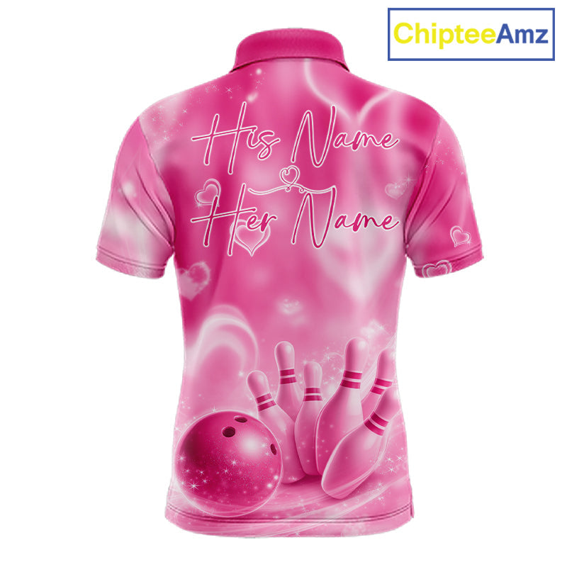 Custom Pink Valentine Bowling Couple Shirts, Pink Heart Theme Bowling Jerseys With His Name And Her Name IPHW10472