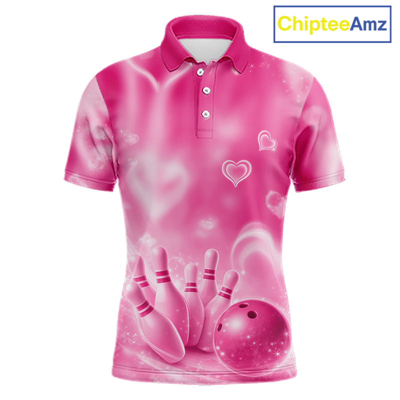 Custom Pink Valentine Bowling Couple Shirts, Pink Heart Theme Bowling Jerseys With His Name And Her Name IPHW10472