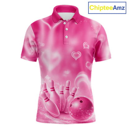 Custom Pink Valentine Bowling Couple Shirts, Pink Heart Theme Bowling Jerseys With His Name And Her Name IPHW10472