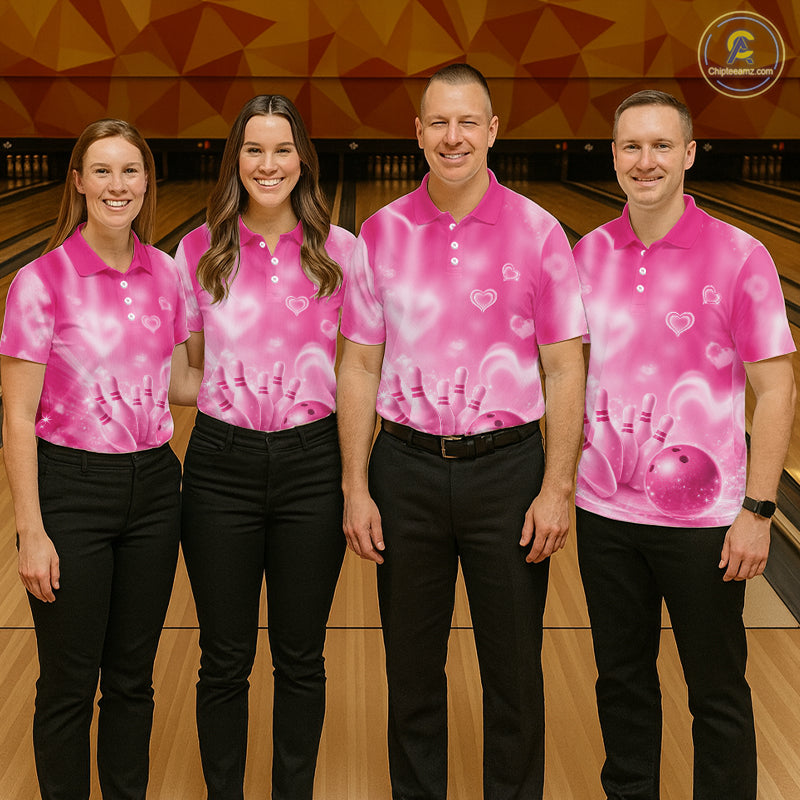 Custom Pink Valentine Bowling Couple Shirts, Pink Heart Theme Bowling Jerseys With His Name And Her Name IPHW10472