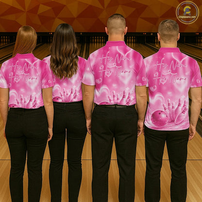 Custom Pink Valentine Bowling Couple Shirts, Pink Heart Theme Bowling Jerseys With His Name And Her Name IPHW10472