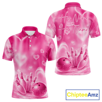 Custom Pink Valentine Bowling Couple Shirts, Pink Heart Theme Bowling Jerseys With His Name And Her Name IPHW10472
