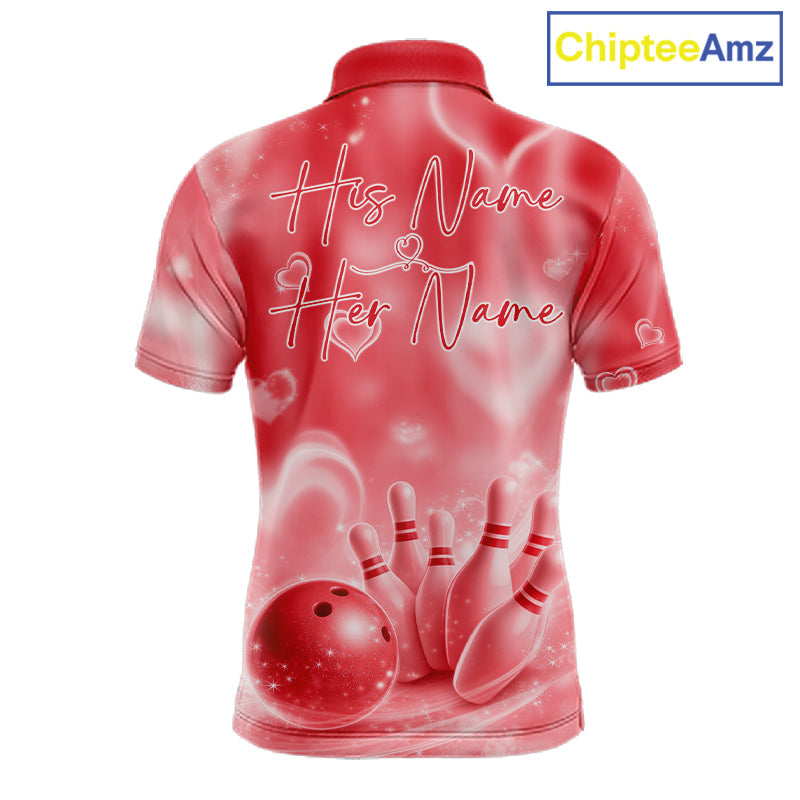 Custom Red Valentine Bowling Couple Shirts, Red Heart Theme Bowling Jerseys With His Name And Her Name IPHW10473
