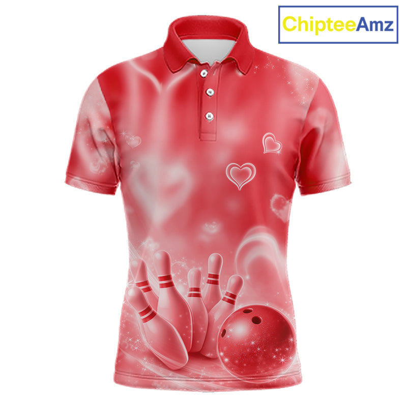 Custom Red Valentine Bowling Couple Shirts, Red Heart Theme Bowling Jerseys With His Name And Her Name IPHW10473