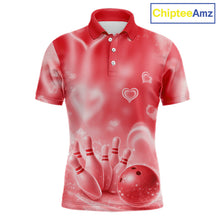 Load image into Gallery viewer, Custom Red Valentine Bowling Couple Shirts, Red Heart Theme Bowling Jerseys With His Name And Her Name IPHW10473