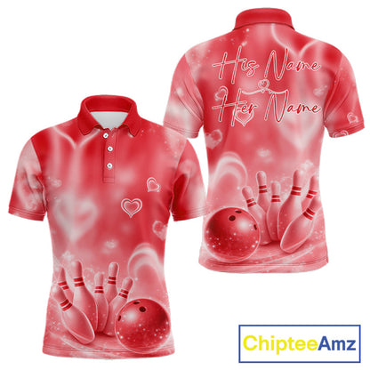Custom Red Valentine Bowling Couple Shirts, Red Heart Theme Bowling Jerseys With His Name And Her Name IPHW10473