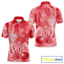Load image into Gallery viewer, Custom Red Valentine Bowling Couple Shirts, Red Heart Theme Bowling Jerseys With His Name And Her Name IPHW10473