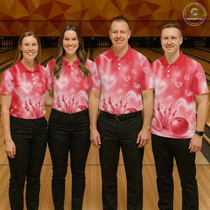 Custom Red Valentine Bowling Couple Shirts, Red Heart Theme Bowling Jerseys With His Name And Her Name IPHW10473