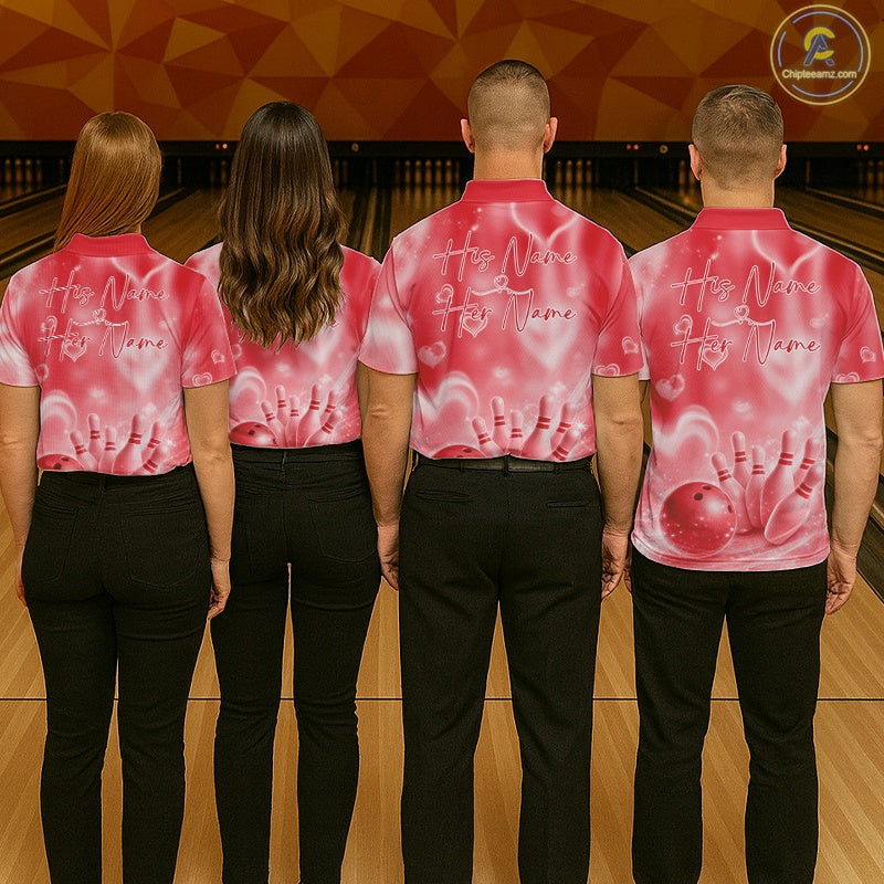 Custom Red Valentine Bowling Couple Shirts, Red Heart Theme Bowling Jerseys With His Name And Her Name IPHW10473
