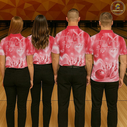 Custom Red Valentine Bowling Couple Shirts, Red Heart Theme Bowling Jerseys With His Name And Her Name IPHW10473