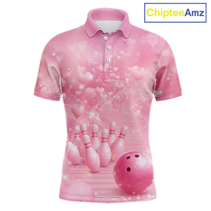 Custom Pink Valentine Bowling Shirts For Couple, Heart Theme Bowling Jerseys With His Name And Her Name IPHW10478