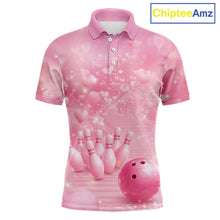 Load image into Gallery viewer, Custom Pink Valentine Bowling Shirts For Couple, Heart Theme Bowling Jerseys With His Name And Her Name IPHW10478