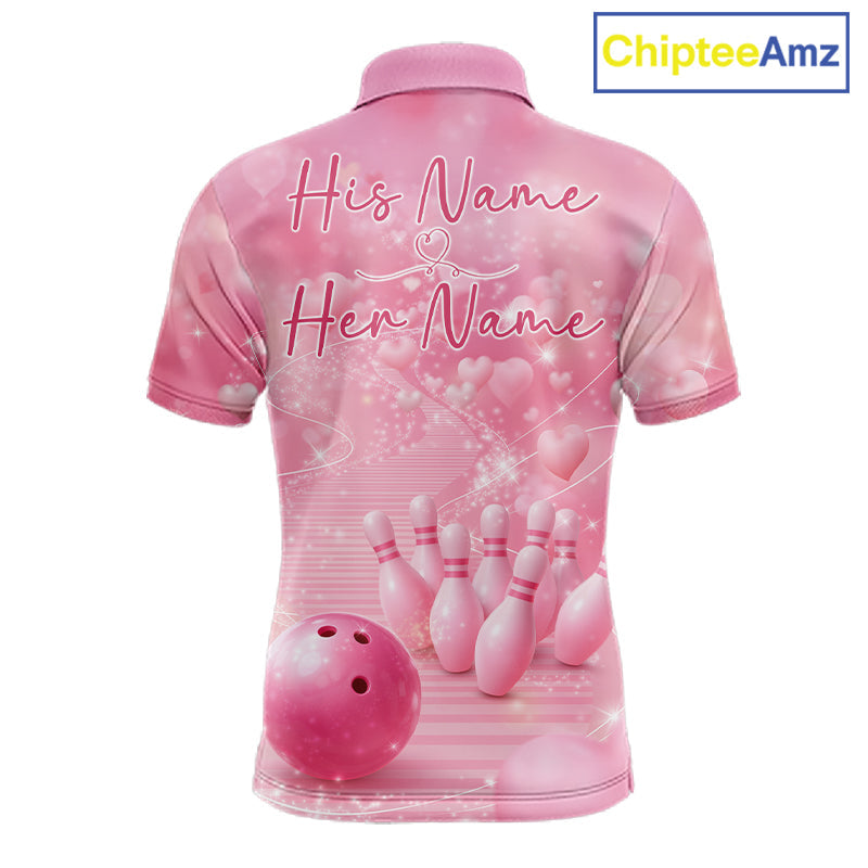 Custom Pink Valentine Bowling Shirts For Couple, Heart Theme Bowling Jerseys With His Name And Her Name IPHW10478