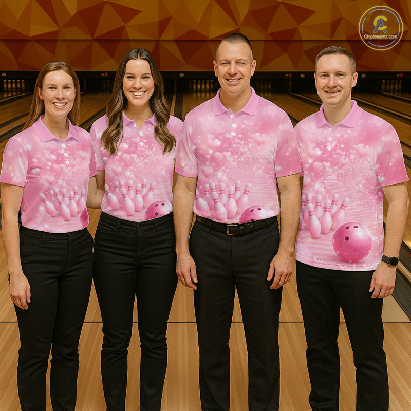 Custom Pink Valentine Bowling Shirts For Couple, Heart Theme Bowling Jerseys With His Name And Her Name IPHW10478