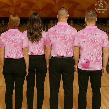 Custom Pink Valentine Bowling Shirts For Couple, Heart Theme Bowling Jerseys With His Name And Her Name IPHW10478