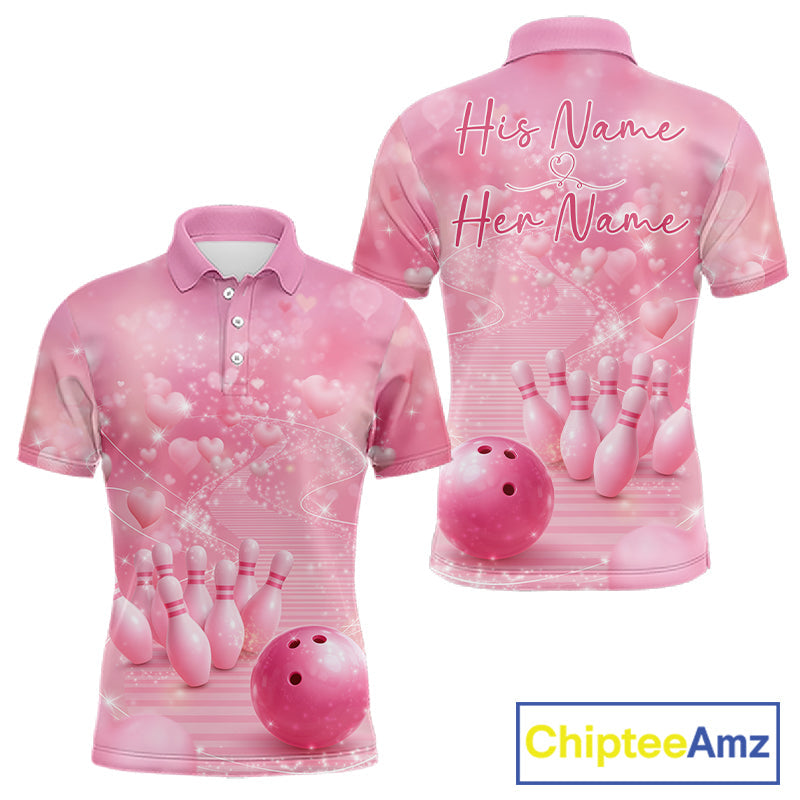 Custom Pink Valentine Bowling Shirts For Couple, Heart Theme Bowling Jerseys With His Name And Her Name IPHW10478