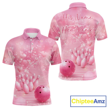Custom Pink Valentine Bowling Shirts For Couple, Heart Theme Bowling Jerseys With His Name And Her Name IPHW10478