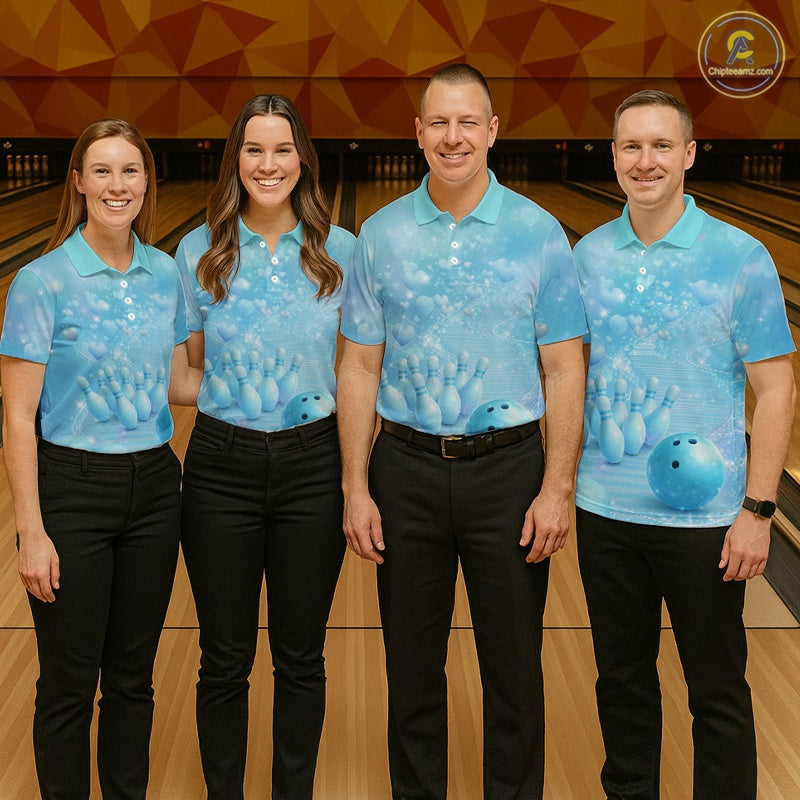Custom Blue Valentine Bowling Shirts For Couple, Heart Theme Bowling Jerseys With His Name And Her Name IPHW10479