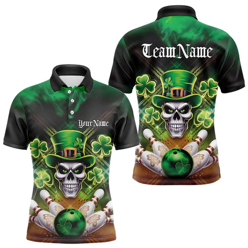 Custom Saint Patricks Day Leprechaun Skull Bowling Polo Shirts, Lucky Bowling Team Shirt IPHW8582