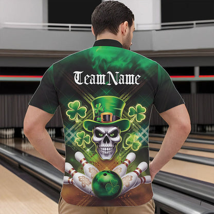Custom Saint Patricks Day Leprechaun Skull Bowling Quarter-Zip Shirts, Lucky Bowling Team Shirt IPHW8582