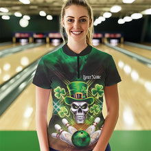 Load image into Gallery viewer, Custom Saint Patricks Day Leprechaun Skull Bowling Quarter-Zip Shirts, Lucky Bowling Shirt IPHW8582