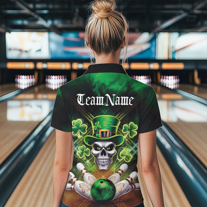 Custom Saint Patricks Day Leprechaun Skull Bowling Quarter-Zip Shirts, Lucky Bowling Shirt IPHW8582