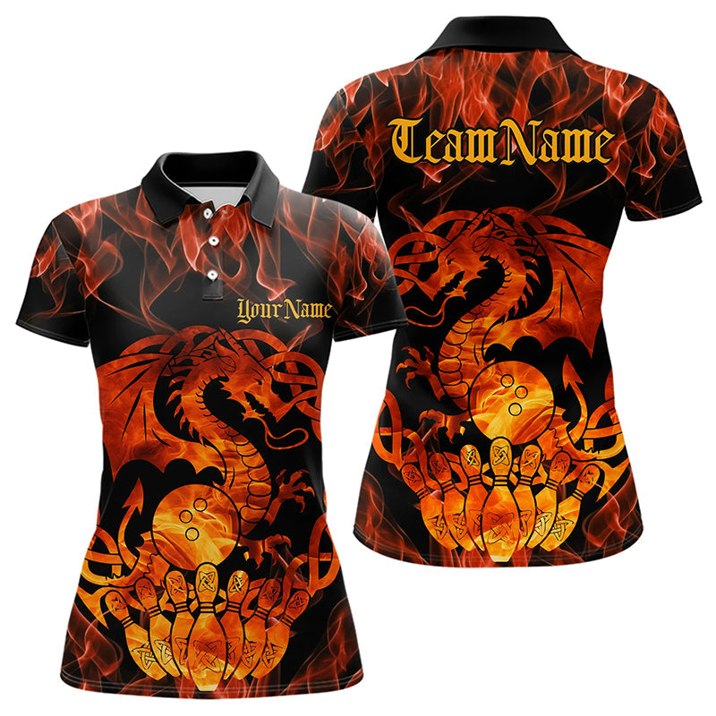 Custom Fire Flame Viking Dragon Bowling Polo Team Shirts For Women, Celtic Bowling Shirts IPHW8587