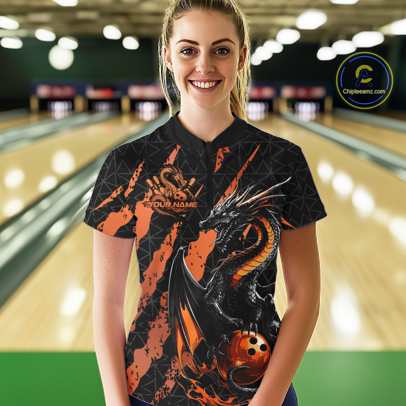 Custom Black And Orange Dragon Bowling Women Quarter-Zip Shirts, Team Bowling Jerseys IPHW10748