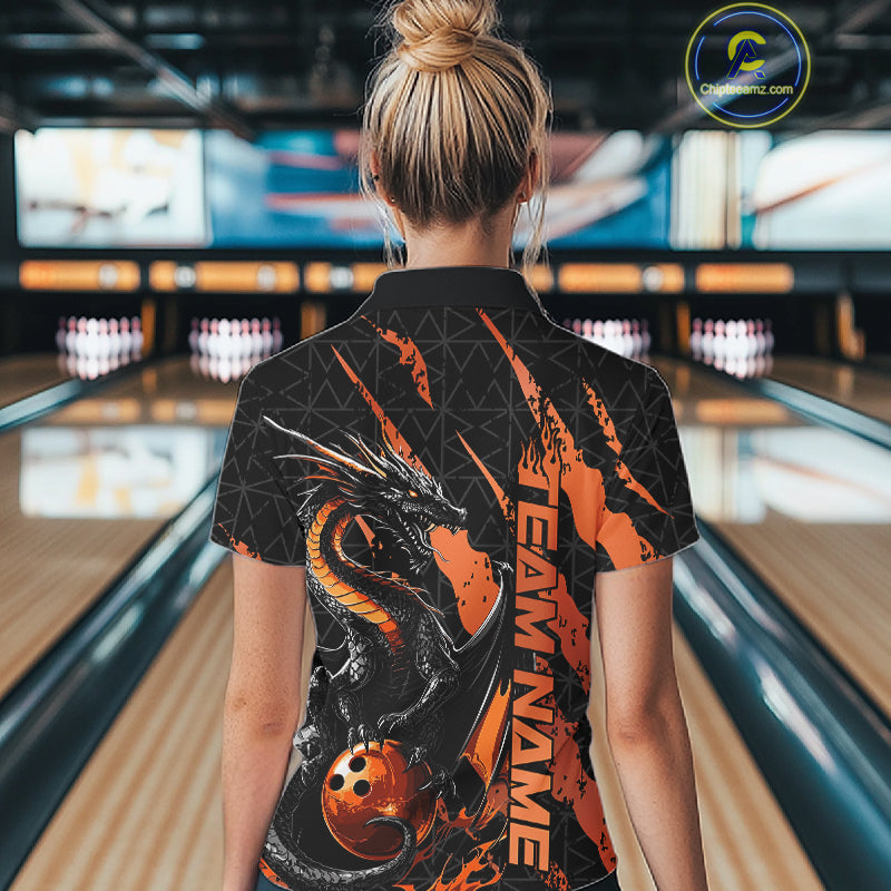 Custom Black And Orange Dragon Bowling Women Quarter-Zip Shirts, Team Bowling Jerseys IPHW10748