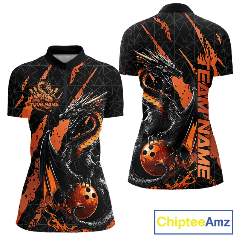 Custom Black And Orange Dragon Bowling Women Quarter-Zip Shirts, Team Bowling Jerseys IPHW10748