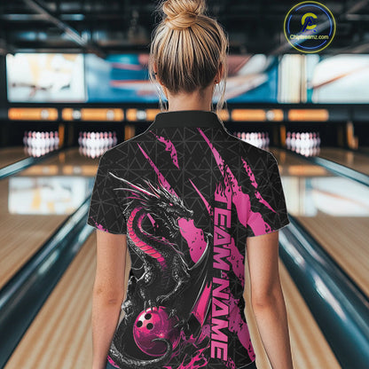 Custom Black And Pink Dragon Bowling Women Polo Shirts, Team Bowling Jerseys IPHW10749