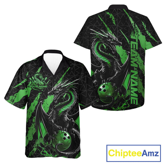 Custom Black And Green Dragon Bowling Men And Women Hawaiian Shirts, Team Bowling Jerseys IPHW10750