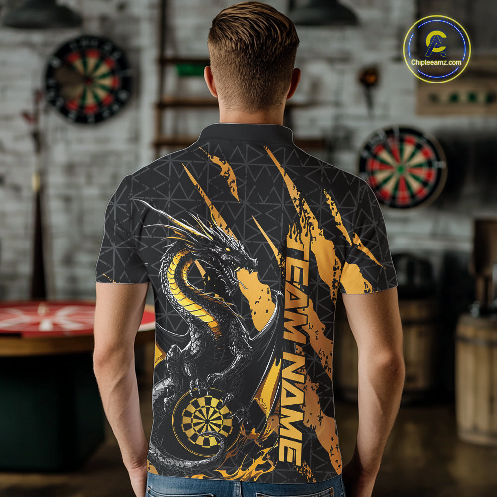 Custom Black And Gold Dragon Dart Men Polo Shirts, Team Dart Jerseys IPHW10751