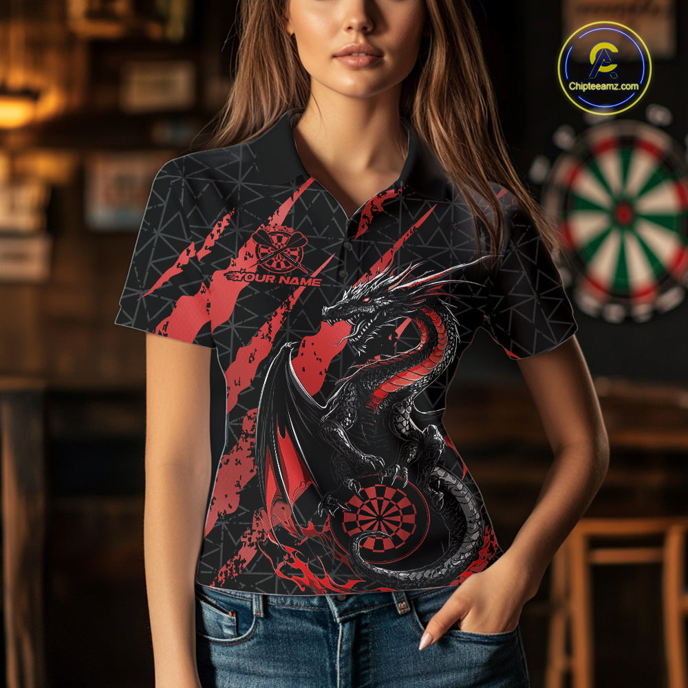 Custom Black And Red Dragon Dart Women Polo Shirts, Team Dart Jerseys IPHW10752
