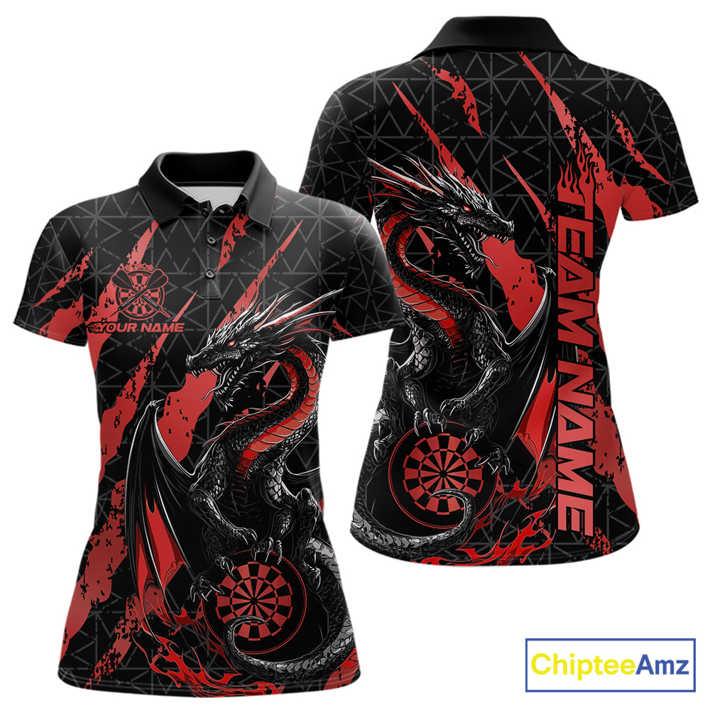 Custom Black And Red Dragon Dart Women Polo Shirts, Team Dart Jerseys IPHW10752