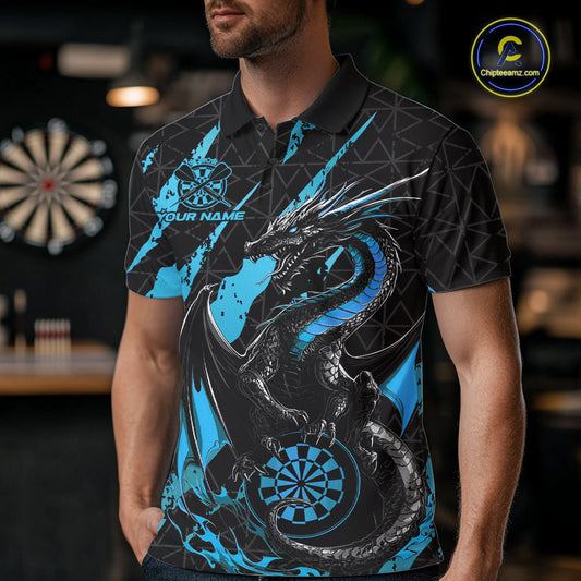 Custom Black And Blue Dragon Dart Men Polo Shirts, Team Dart Jerseys IPHW10753