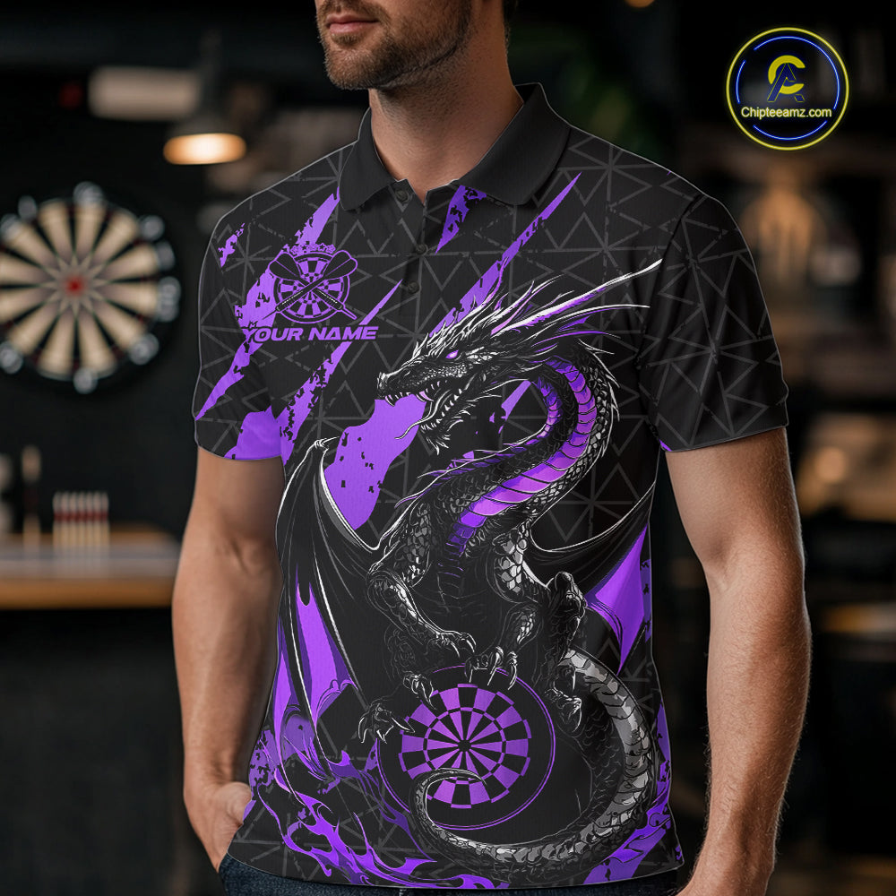 Custom Black And Purple Dragon Dart Men Polo Shirts, Team Dart Jerseys IPHW10754