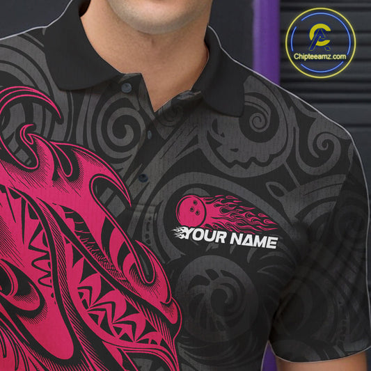 Custom Black And Pink Tribal Polynesian Bowling Team Men Shirts, Niho Mano Bowling Shirt IPHW10755